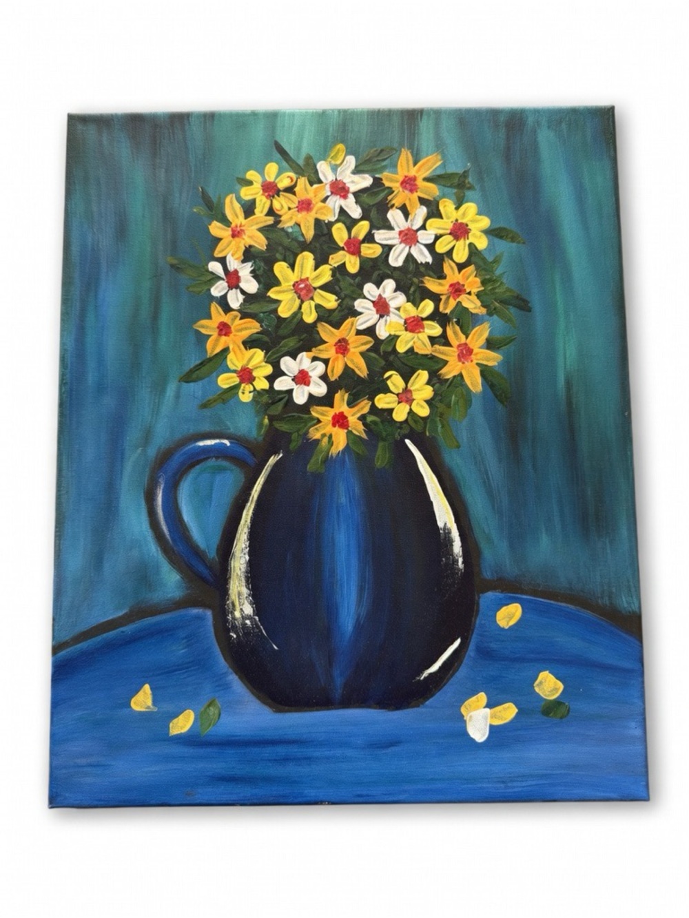 Hand-Painted Blue Pitcher Floral Canvas Art - Yellow & White Flowers